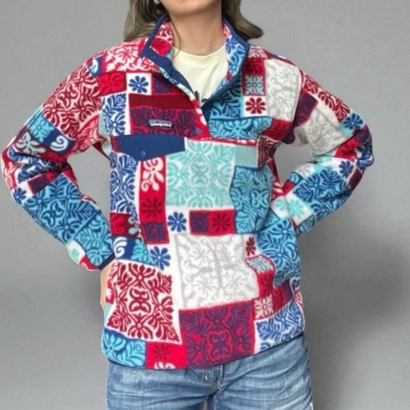 Patagonia Sweaters - Patagonia Synchilla Snap-T Fleece Pullover XXS Patchwork Print Red Blue Vintage